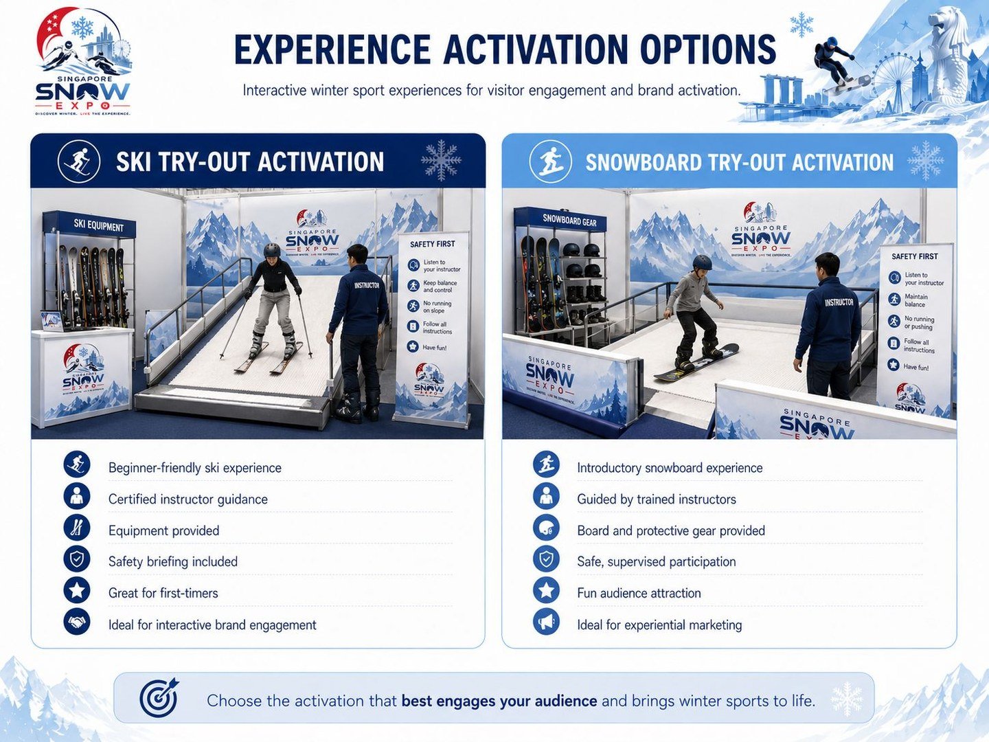 Experience activation options — Ski Try-Out and Snowboard Try-Out activations for visitor engagement and brand activation