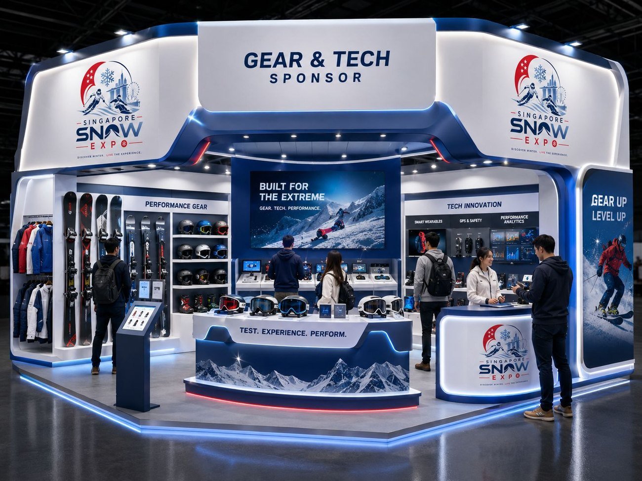 Gear & Tech Sponsor booth concept — a performance gear and technology showcase with demo stations