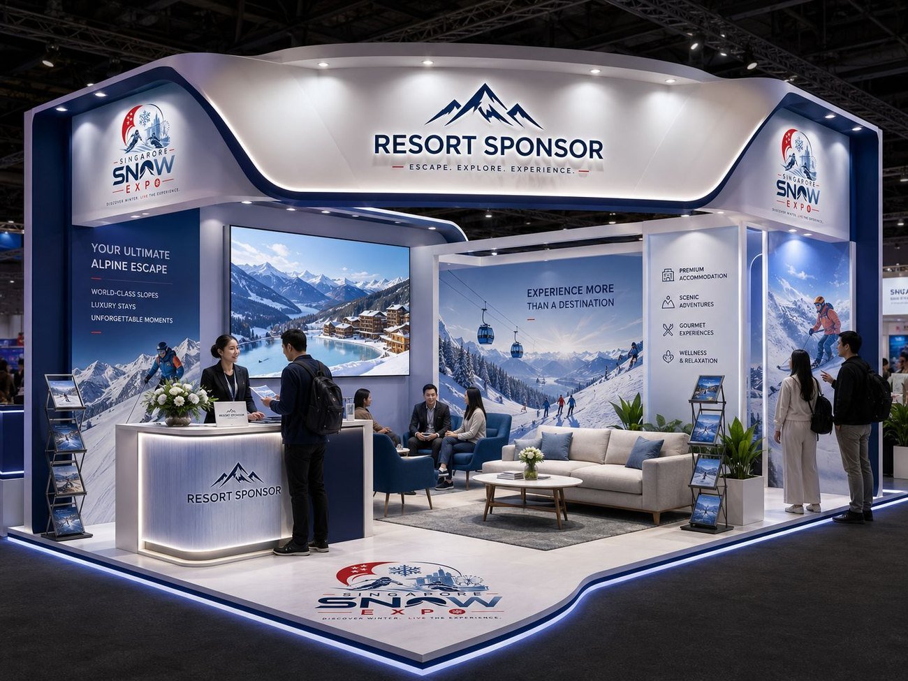 Resort Sponsor booth concept — an alpine resort lounge with destination screens and a welcome desk