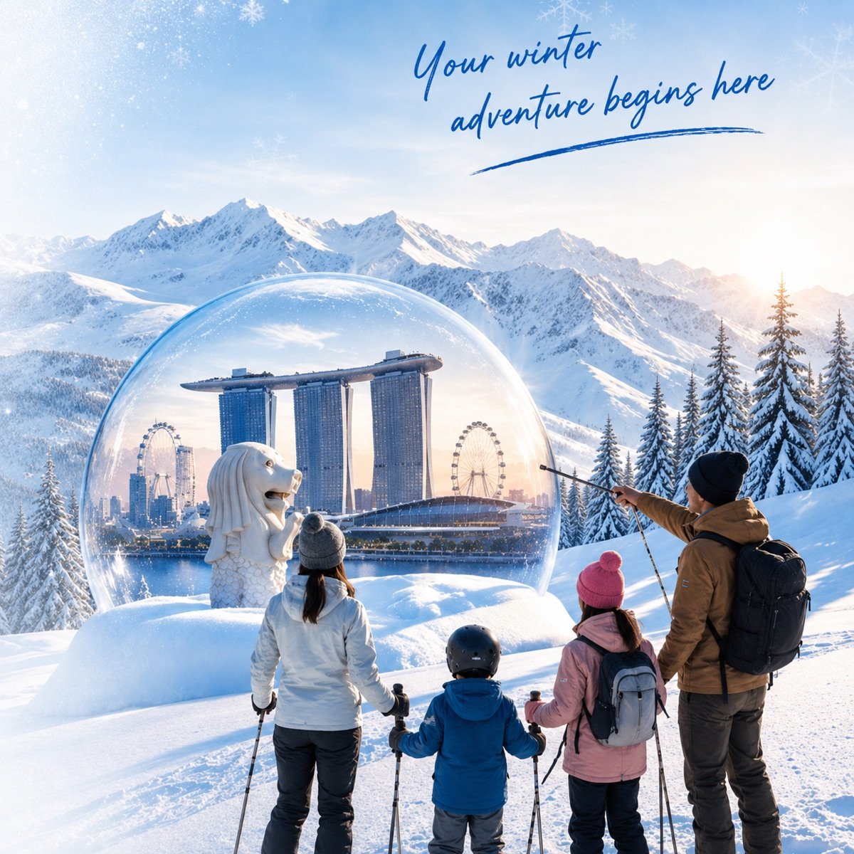 A family in winter gear looking at a snow globe of Singapore's Marina Bay skyline and Merlion, set in a snowy alpine landscape &mdash; your winter adventure begins here